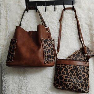 3 Piece Leopard Print Brown  Bag Set NWOT Tote, Crossbody, Wallet